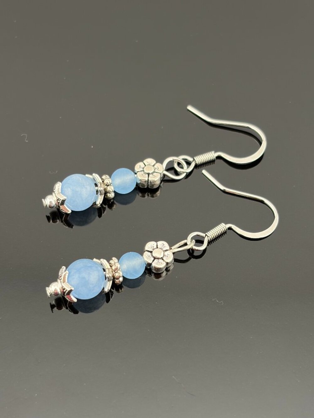Blue Chalcedony Gemstone Bead Silver toned Handmade Handcrafted Earrings LR235